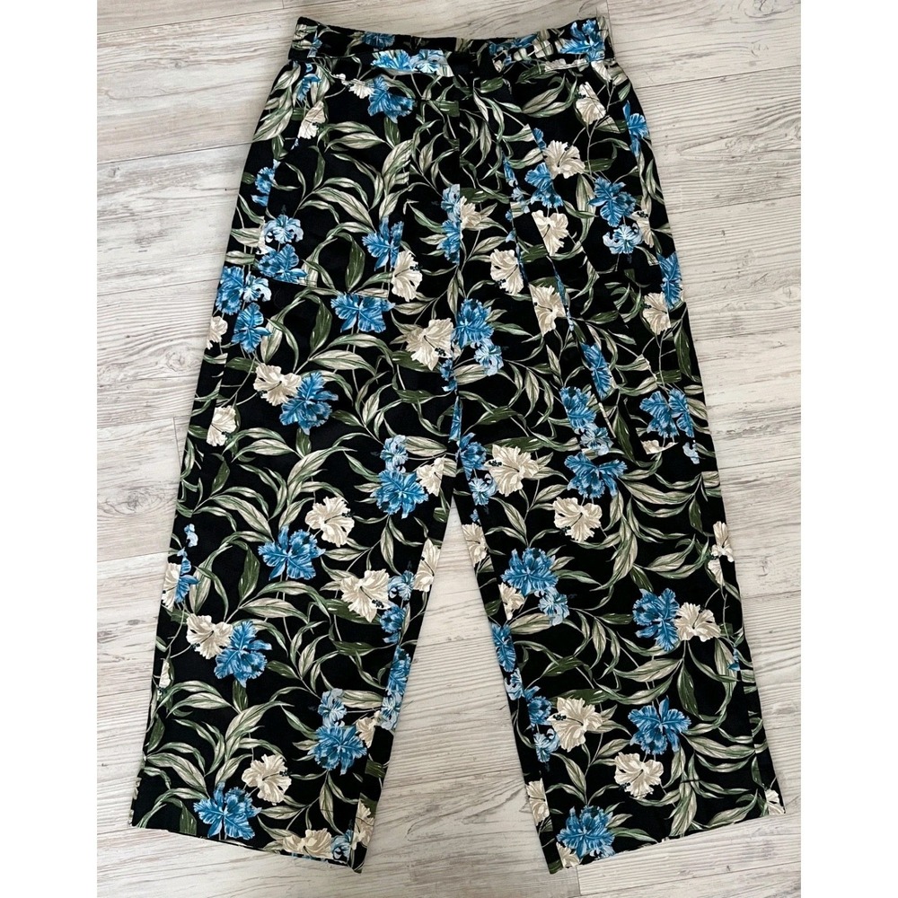 Kensie Floral Linen Blend Tie Front Crop Pants Women M Blue Blk Floral Tropical - Picture 3 of 10